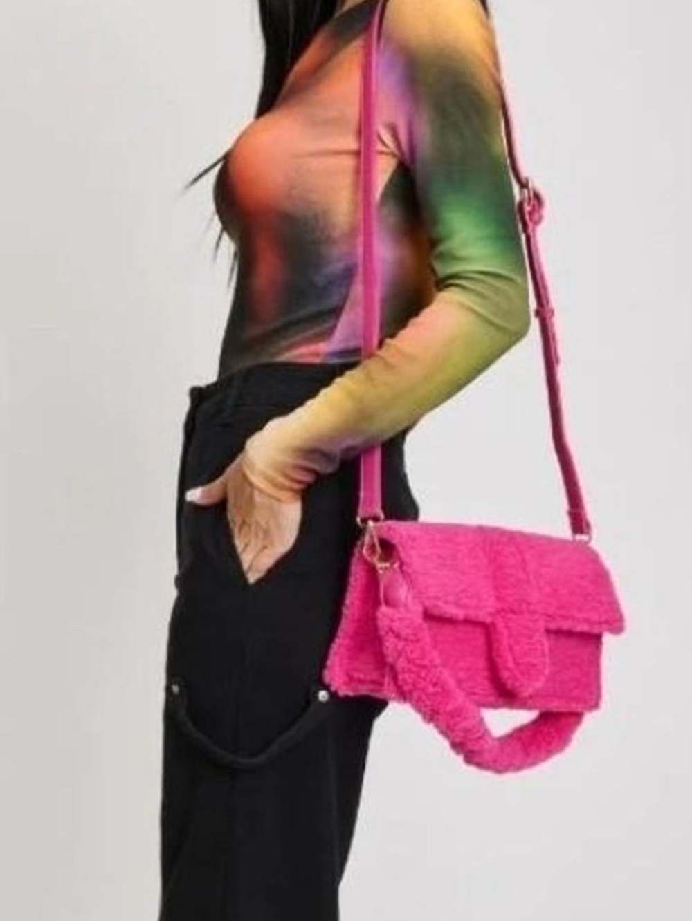 Moda Luxe Hot Pink FERGIE  Shearling Shoulder Bag